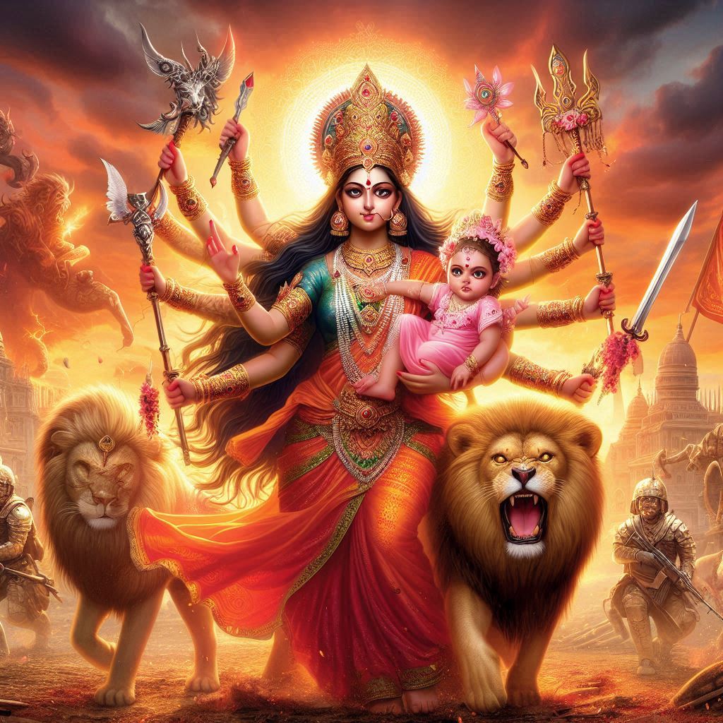 Goddess Durga with Navdurga forms during Navratri 2026 celebration with devotees, diyas, flowers and traditional decorations


