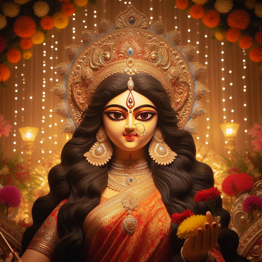 Devotees performing Navratri Puja at home with Kalash Sthapana, Maa Durga idol, diyas, flowers, and sacred offerings