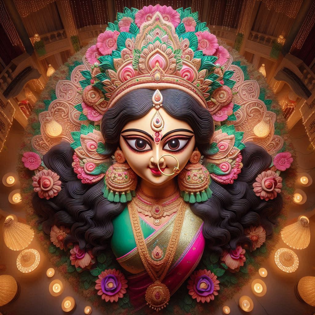 Goddess Durga seated on a lion with devotees performing Durga Ashtami Puja, Kalash, flowers, diyas, and sacred offerings