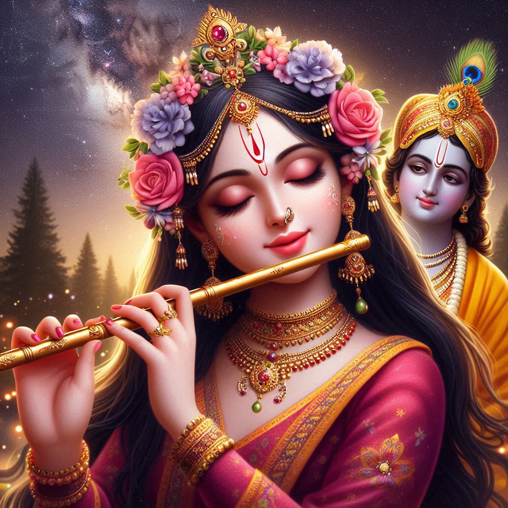Goddess Radha and Lord Krishna during Radha Ashtami celebration with flowers and divine decorations