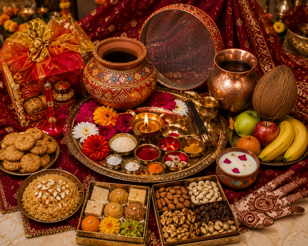 Married woman performing Karwa Chauth moon worship through a sieve with diya, Karwa pot, and full moon in the background