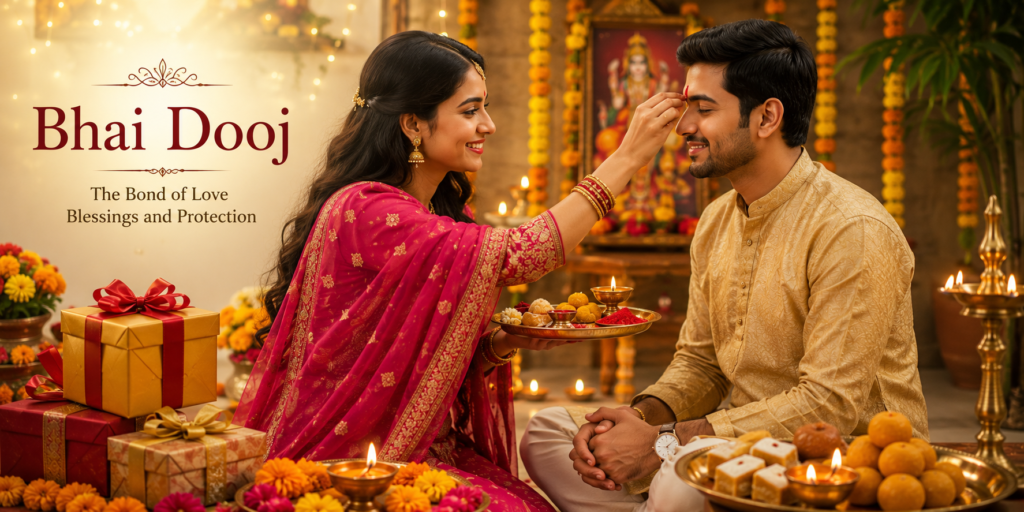 Sister applying sacred tilak on her brother during Bhai Dooj celebration with traditional puja thali and festive decorations