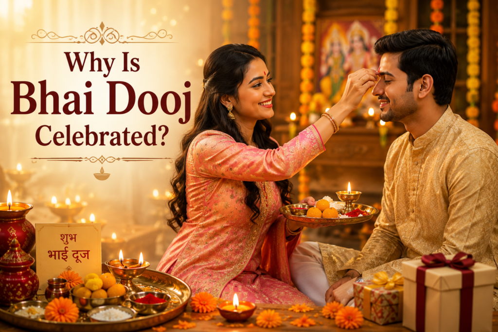 Sister applying sacred tilak on her brother during Bhai Dooj celebration with traditional puja thali and festive decorations