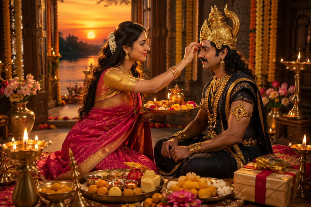 Sister applying sacred tilak on her brother during Bhai Dooj celebration with traditional puja thali and festive decorations