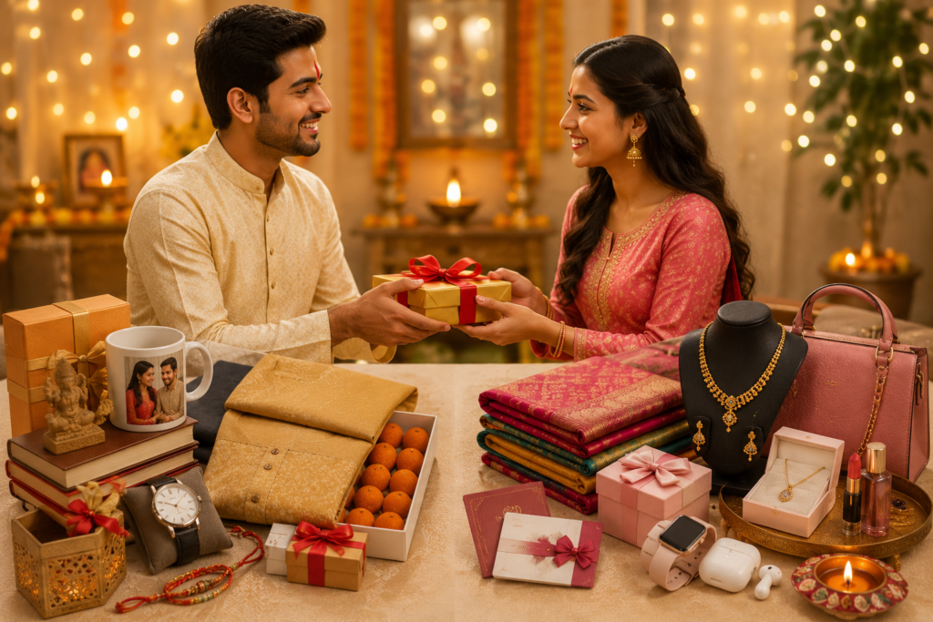 Sister applying sacred tilak on her brother during Bhai Dooj celebration with traditional puja thali and festive decorations
