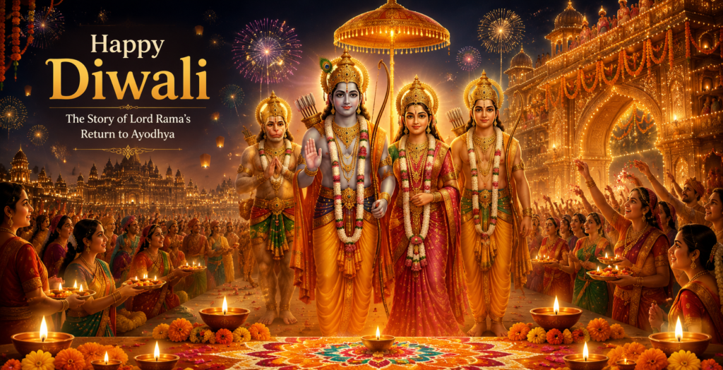 Diwali commemorates the return of Lord Rama, Sita, and Lakshmana to Ayodhya after fourteen years of exile and the victory of righteousness over evil.