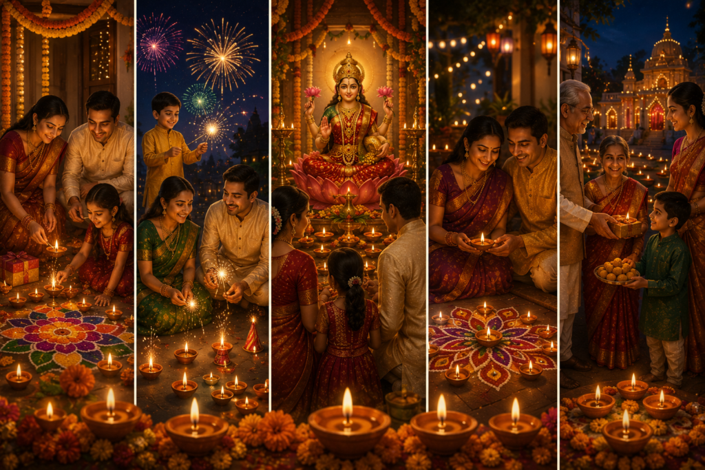 Diwali commemorates the return of Lord Rama, Sita, and Lakshmana to Ayodhya after fourteen years of exile and the victory of righteousness over evil.