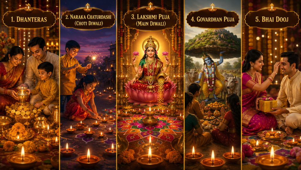 Diwali commemorates the return of Lord Rama, Sita, and Lakshmana to Ayodhya after fourteen years of exile and the victory of righteousness over evil.