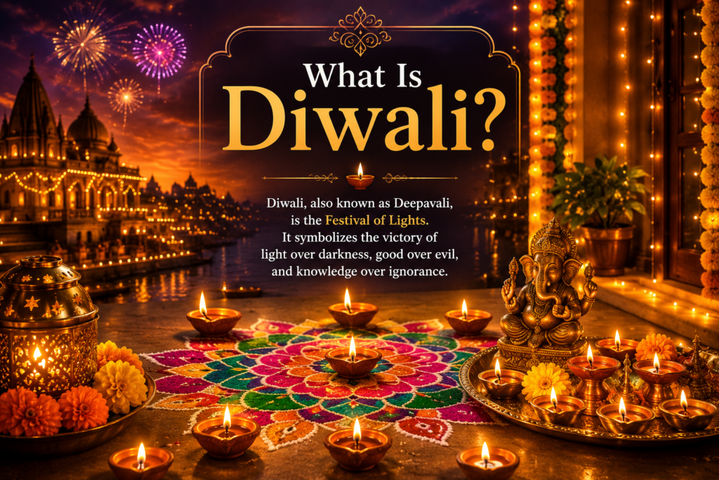Diwali commemorates the return of Lord Rama, Sita, and Lakshmana to Ayodhya after fourteen years of exile and the victory of righteousness over evil.