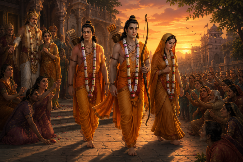 Diwali commemorates the return of Lord Rama, Sita, and Lakshmana to Ayodhya after fourteen years of exile and the victory of righteousness over evil.