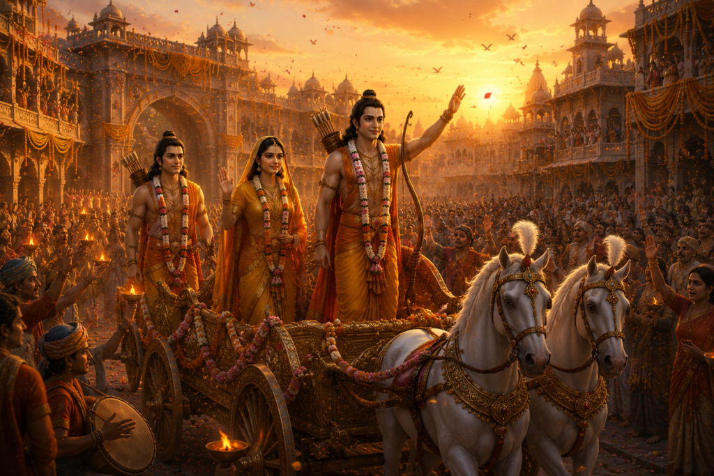 Diwali commemorates the return of Lord Rama, Sita, and Lakshmana to Ayodhya after fourteen years of exile and the victory of righteousness over evil.