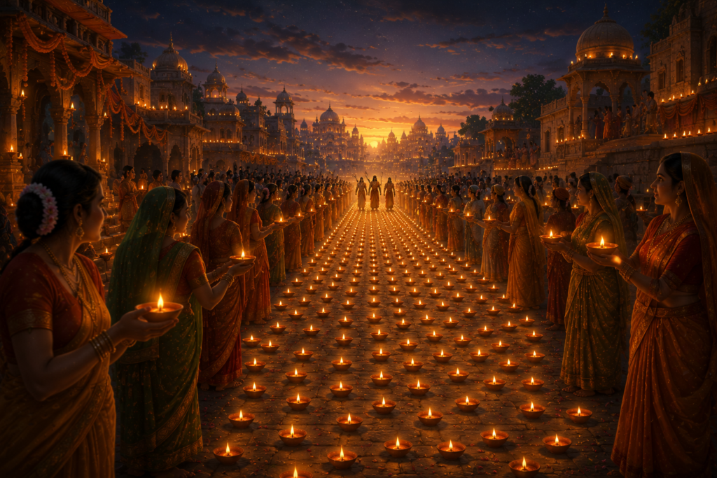Diwali commemorates the return of Lord Rama, Sita, and Lakshmana to Ayodhya after fourteen years of exile and the victory of righteousness over evil.