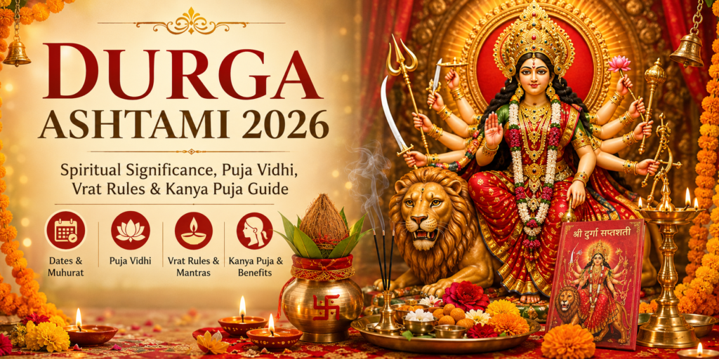 Goddess Durga seated on a lion with devotees performing Durga Ashtami Puja, Kalash, flowers, diyas, and sacred offerings