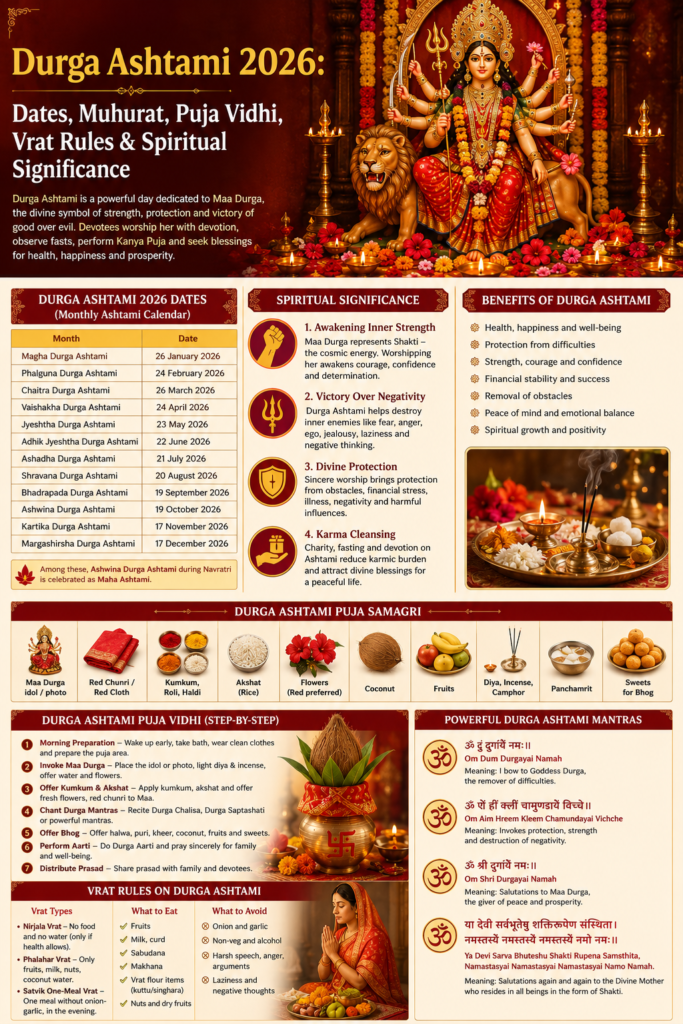 Goddess Durga seated on a lion with devotees performing Durga Ashtami Puja, Kalash, flowers, diyas, and sacred offerings
