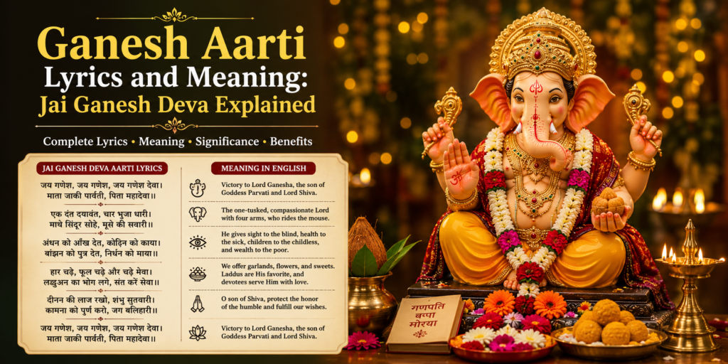 Lord Ganesha with Jai Ganesh Deva Aarti lyrics and devotional worship atmosphere