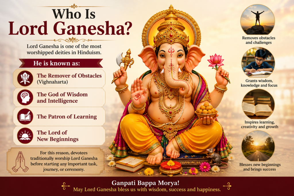 Lord Ganesha idol decorated during Ganesh Chaturthi 2026 celebration with flowers, lights and devotees