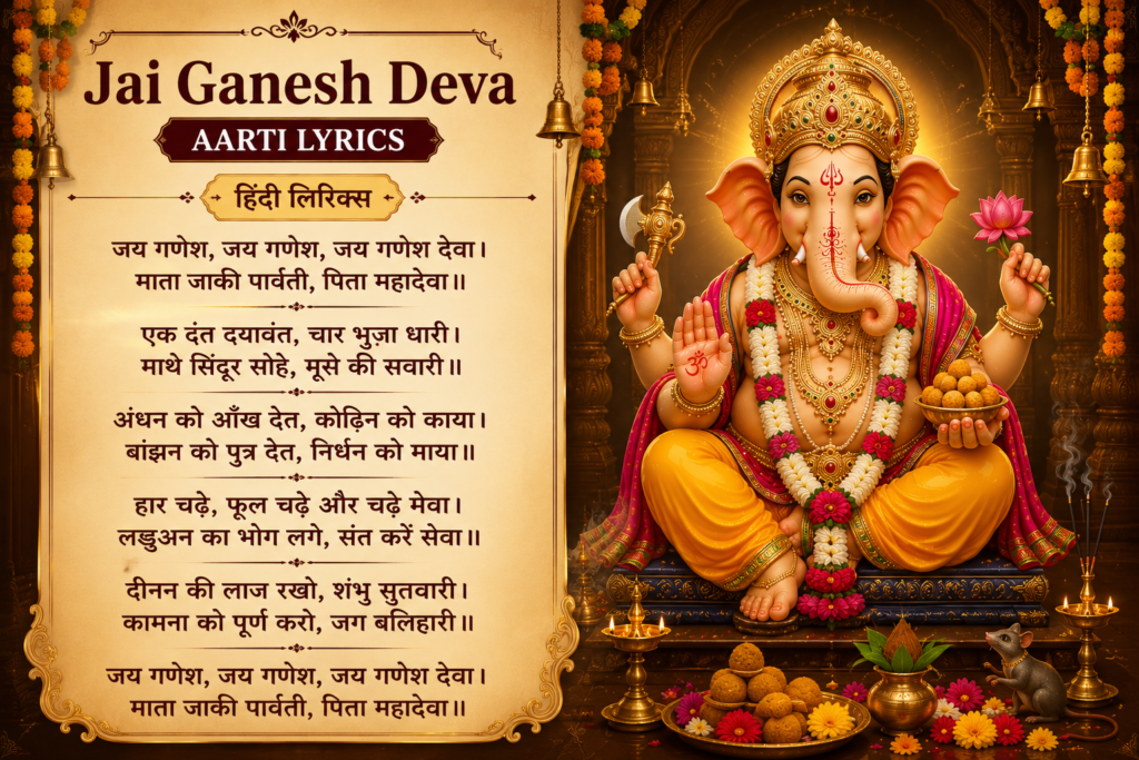 Lord Ganesha with Jai Ganesh Deva Aarti lyrics and devotional worship atmosphere