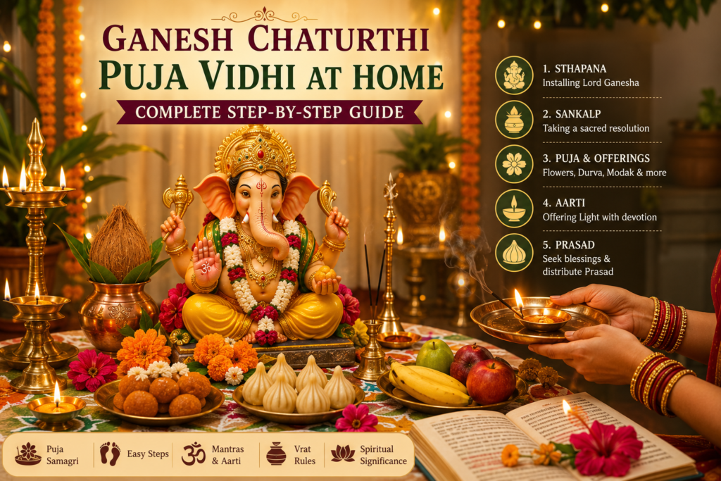 Lord Ganesha sitting on a throne symbolizing wisdom, prosperity, and the removal of obstacles during Ganesh Chaturthi