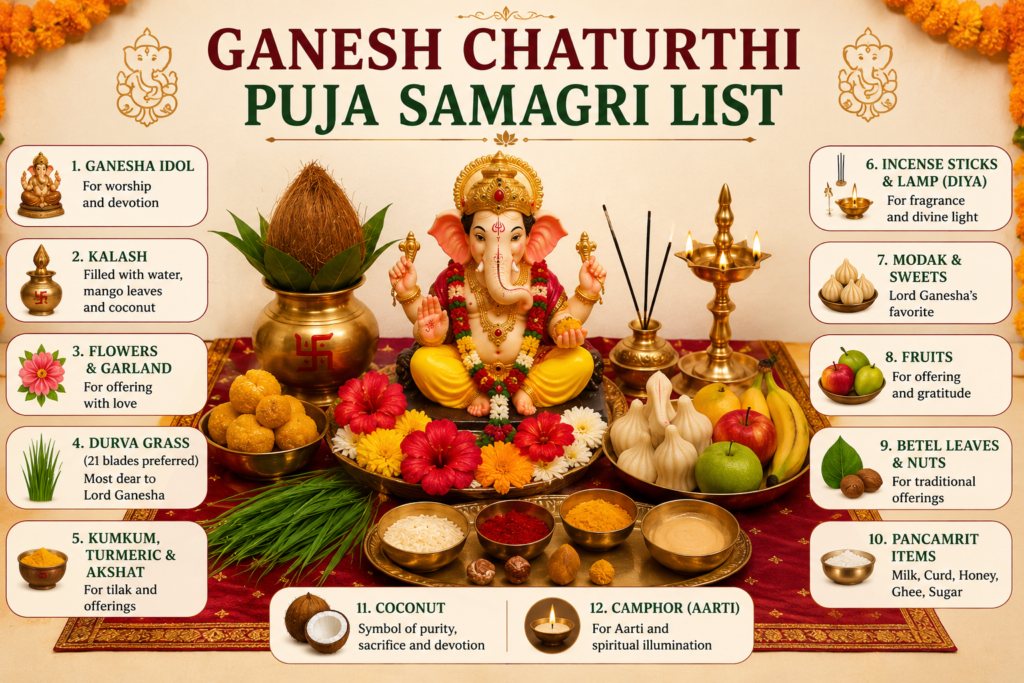 Ganesh Chaturthi Puja setup with Lord Ganesha idol, modak, durva grass, flowers, diyas and traditional offerings
