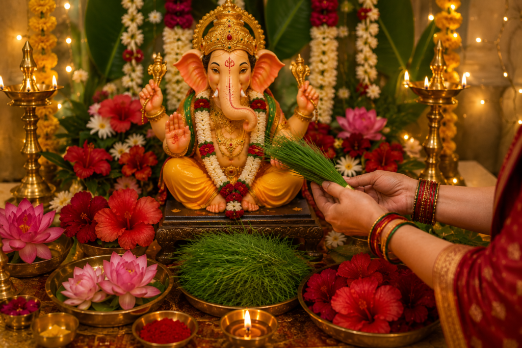 Ganesh Chaturthi Puja setup with Lord Ganesha idol, modak, durva grass, flowers, diyas and traditional offerings