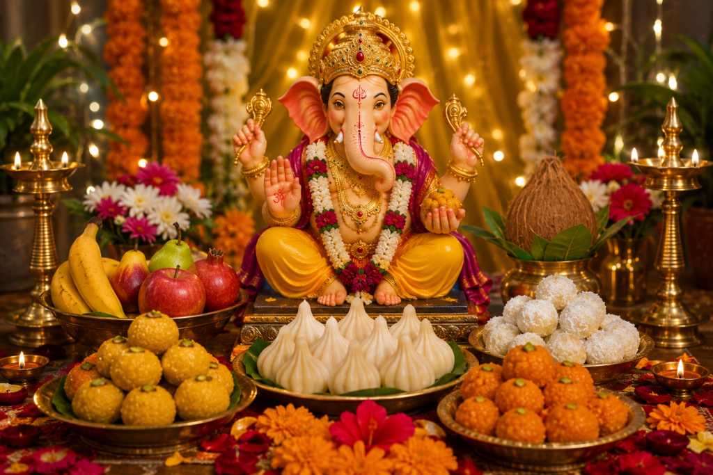 Ganesh Chaturthi Puja setup with Lord Ganesha idol, modak, durva grass, flowers, diyas and traditional offerings