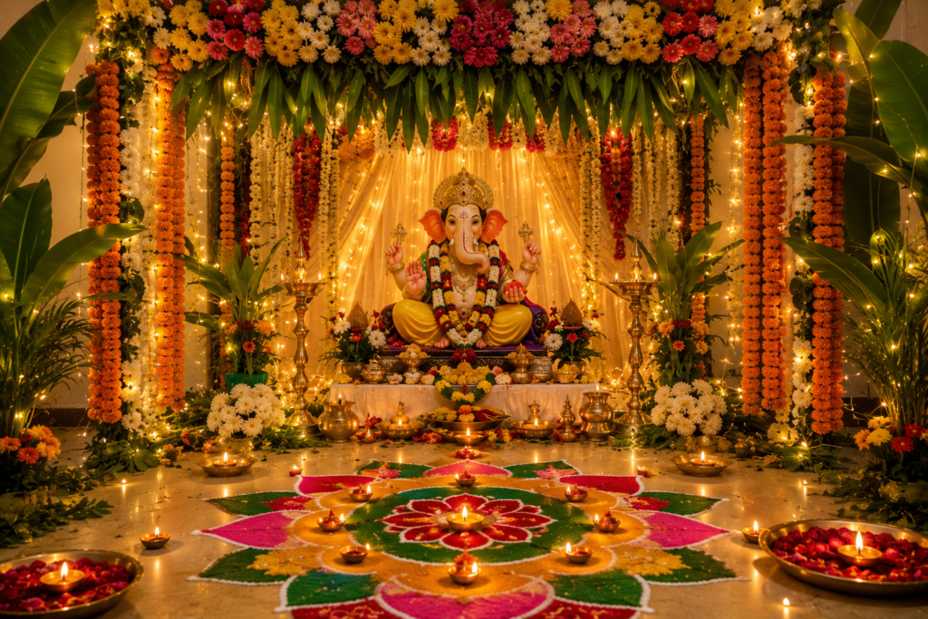 Ganesh Chaturthi Puja setup with Lord Ganesha idol, modak, durva grass, flowers, diyas and traditional offerings