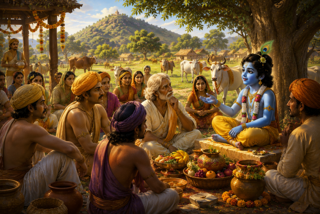 Lord Krishna lifting Govardhan Hill to protect the people of Braj and their cows during a divine storm sent by Indra