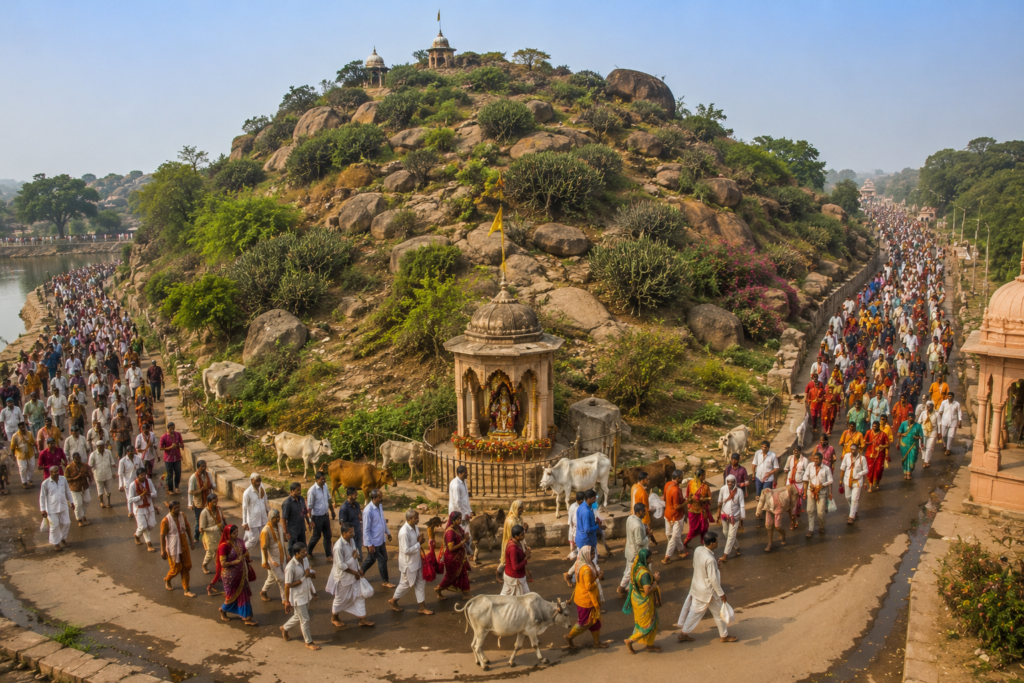 Lord Krishna lifting Govardhan Hill to protect the people of Braj and their cows during a divine storm sent by Indra