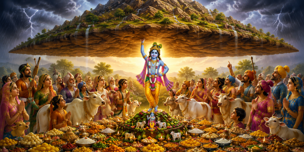 Lord Krishna lifting Govardhan Hill to protect the people of Braj and their cows during a divine storm sent by Indra