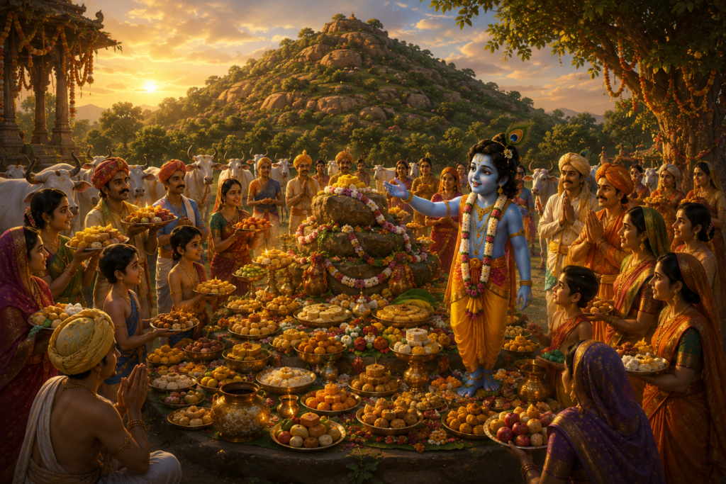 Lord Krishna lifting Govardhan Hill to protect the people of Braj and their cows during a divine storm sent by Indra