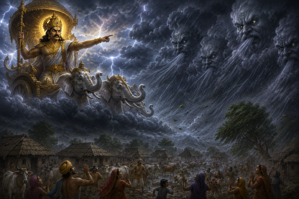 Lord Krishna lifting Govardhan Hill to protect the people of Braj and their cows during a divine storm sent by Indra