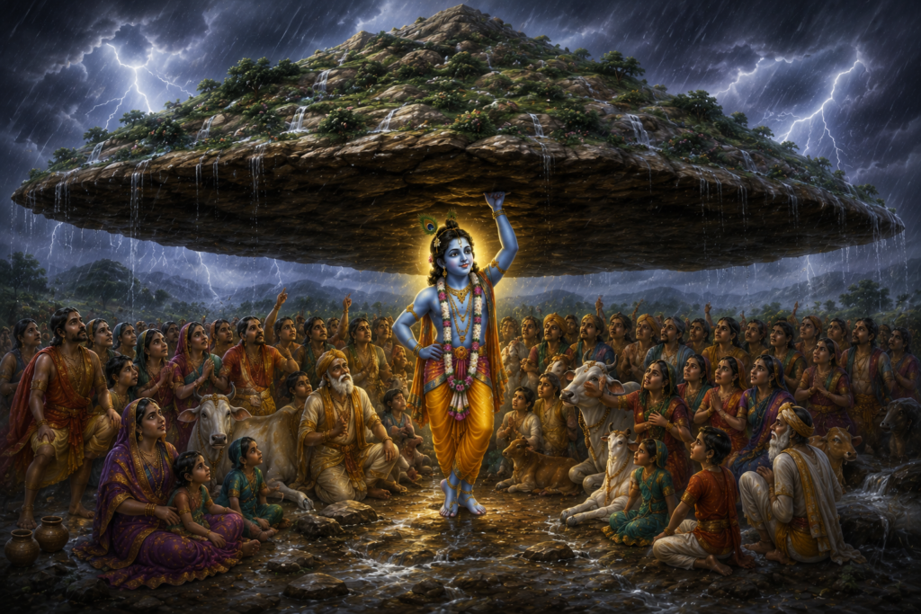 Lord Krishna lifting Govardhan Hill to protect the people of Braj and their cows during a divine storm sent by Indra