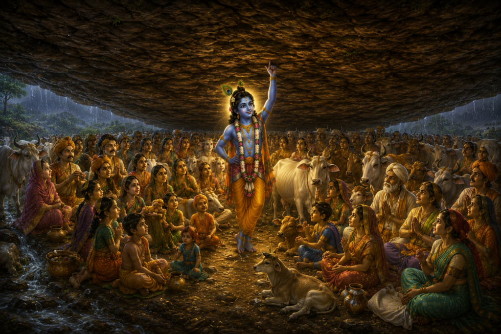 Lord Krishna lifting Govardhan Hill to protect the people of Braj and their cows during a divine storm sent by Indra