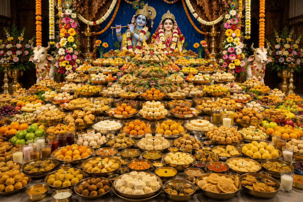 Lord Krishna lifting Govardhan Hill to protect the people of Braj and their cows during a divine storm sent by Indra