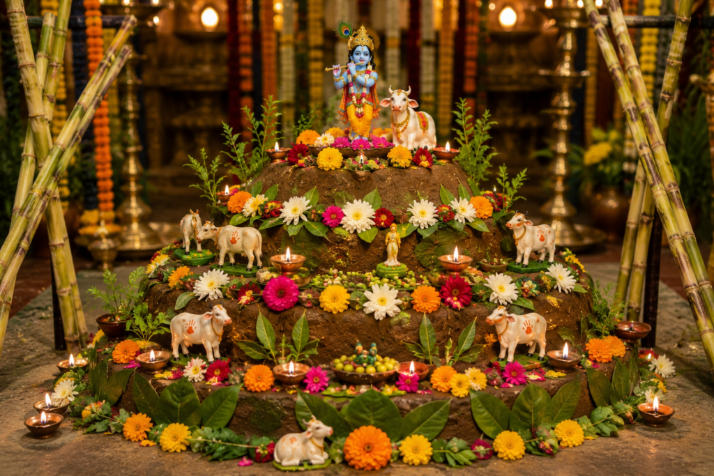 Lord Krishna lifting Govardhan Hill to protect the people of Braj and their cows during a divine storm sent by Indra