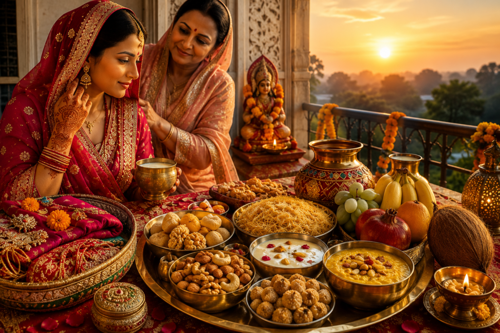 Married woman performing Karwa Chauth moon worship through a sieve with diya, Karwa pot, and full moon in the background