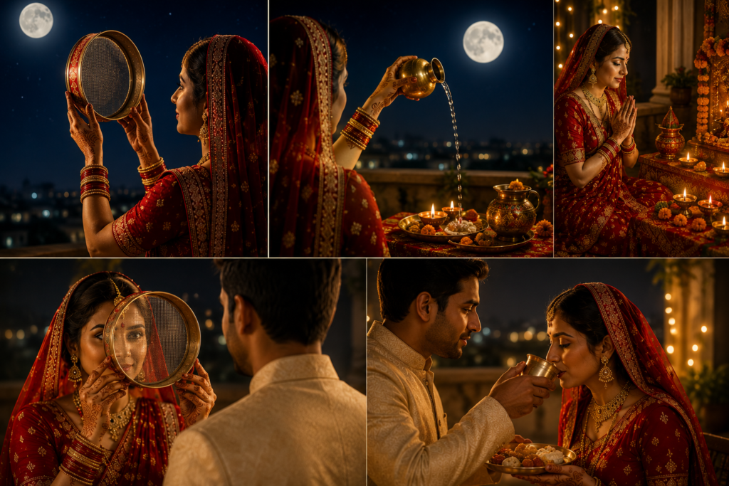 Married woman performing Karwa Chauth moon worship through a sieve with diya, Karwa pot, and full moon in the background