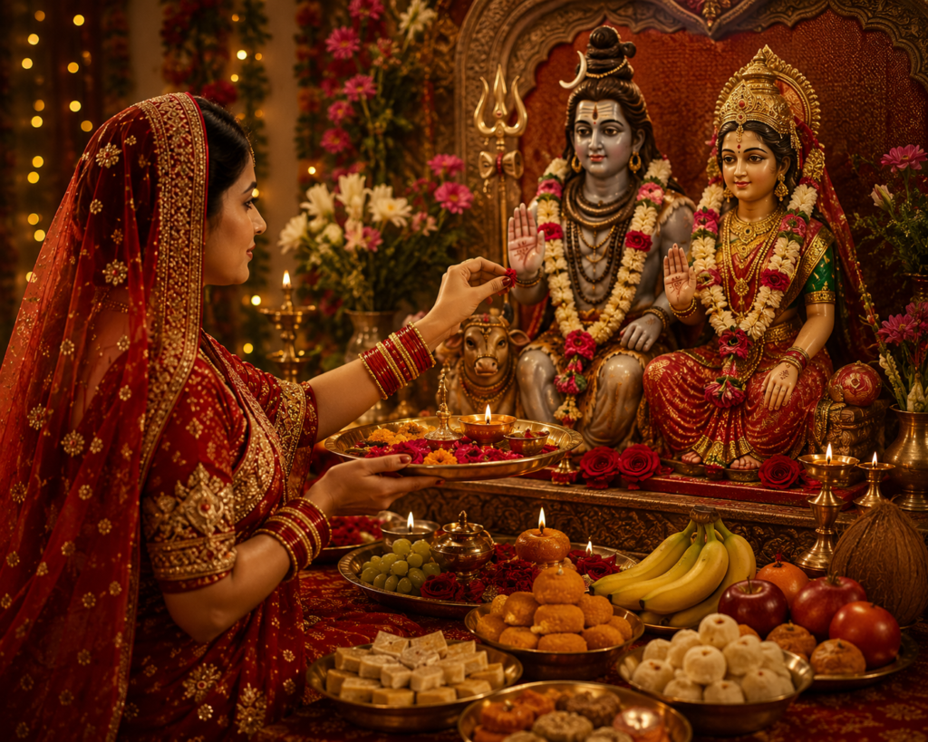 Married woman performing Karwa Chauth moon worship through a sieve with diya, Karwa pot, and full moon in the background