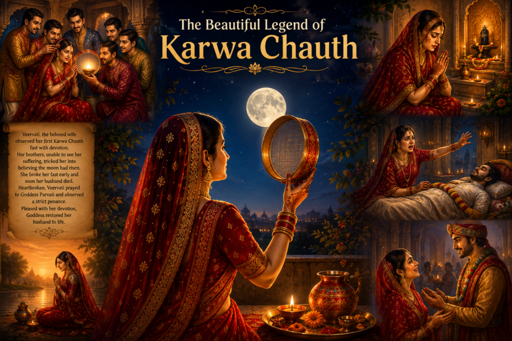 Married woman performing Karwa Chauth moon worship through a sieve with diya, Karwa pot, and full moon in the background
