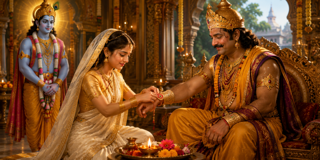 Sister tying a sacred Rakhi on her brother's wrist during Raksha Bandhan 2026 with a traditional puja thali and festive decorations