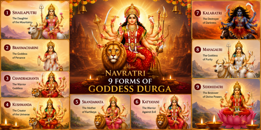 Nine divine forms of Goddess Durga worshipped during Navratri with radiant spiritual aura and traditional symbolism
