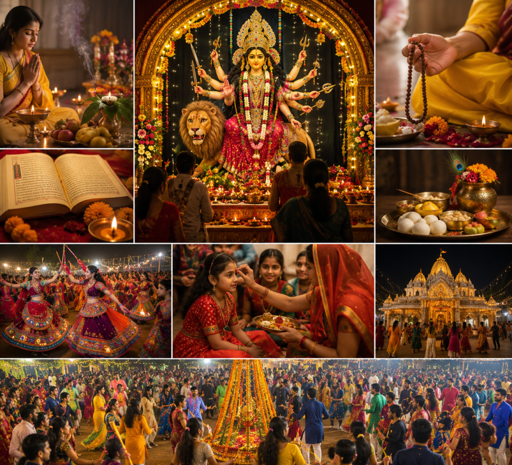Nine divine forms of Goddess Durga worshipped during Navratri with radiant spiritual aura and traditional symbolism