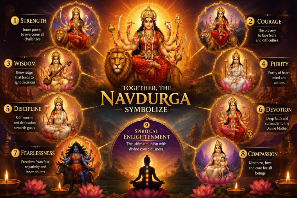 Nine divine forms of Goddess Durga worshipped during Navratri with radiant spiritual aura and traditional symbolism