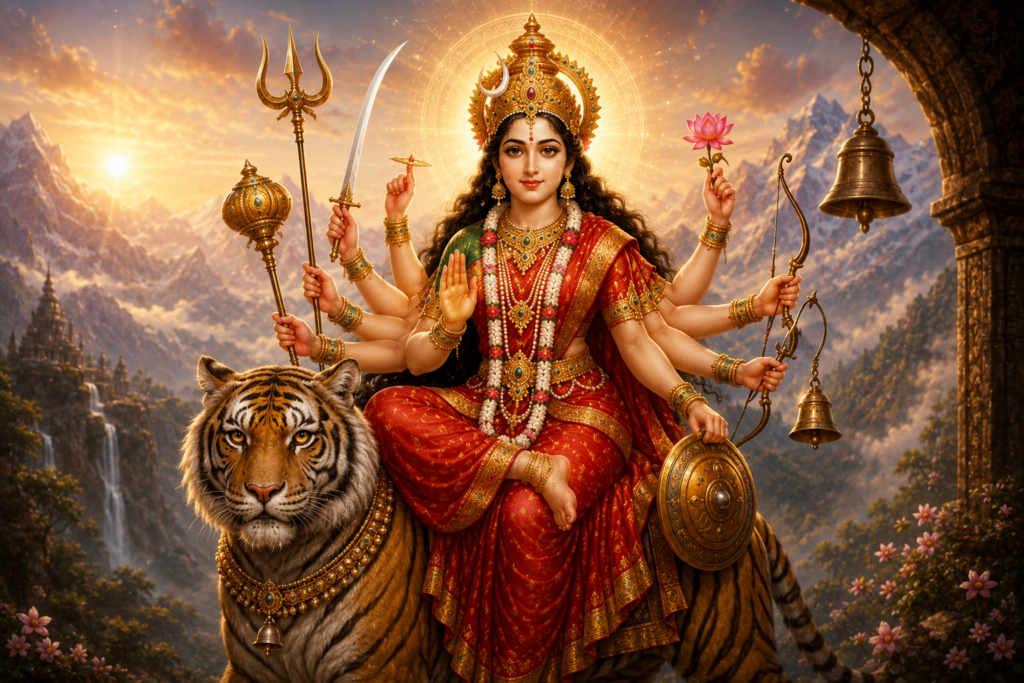 Nine divine forms of Goddess Durga worshipped during Navratri with radiant spiritual aura and traditional symbolism
