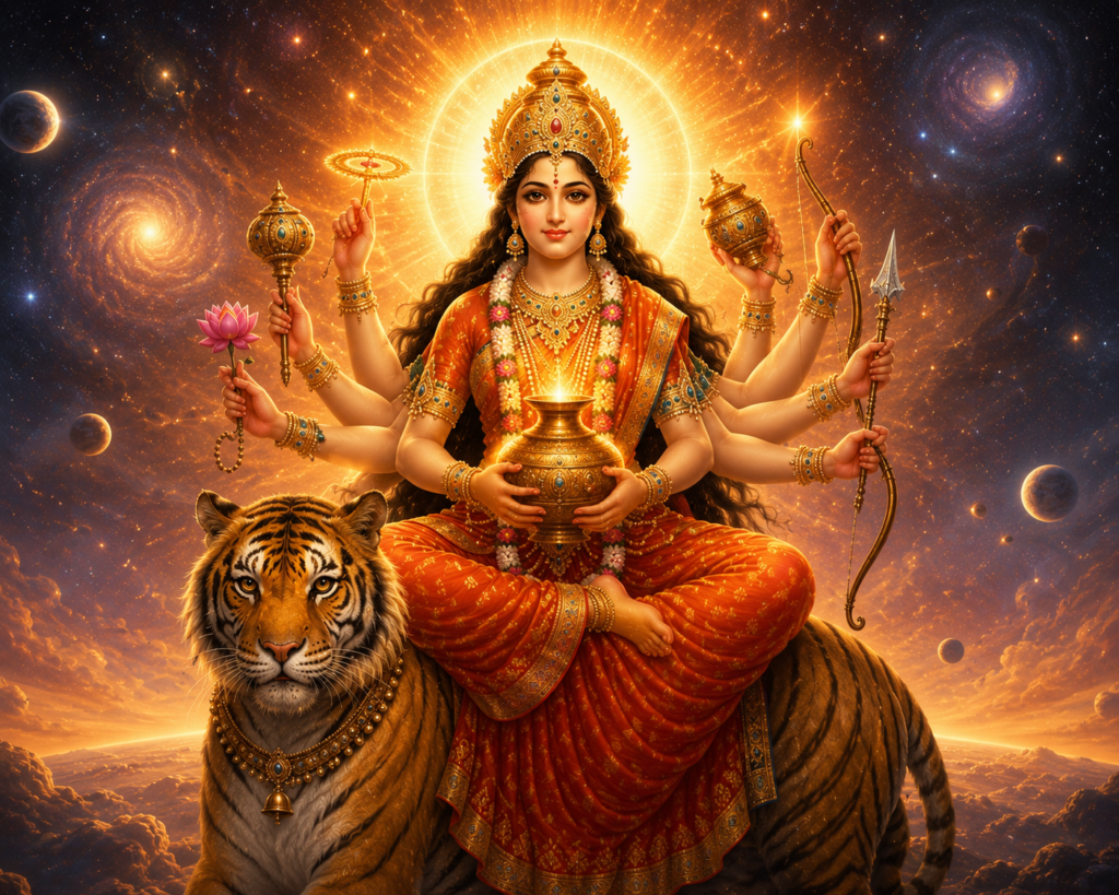 Nine divine forms of Goddess Durga worshipped during Navratri with radiant spiritual aura and traditional symbolism