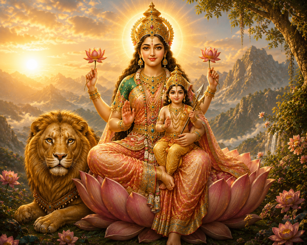 Nine divine forms of Goddess Durga worshipped during Navratri with radiant spiritual aura and traditional symbolism