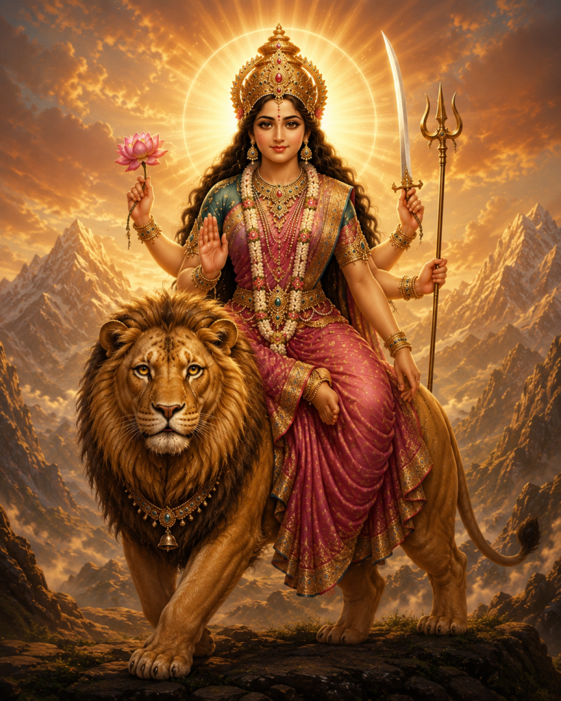 Nine divine forms of Goddess Durga worshipped during Navratri with radiant spiritual aura and traditional symbolism