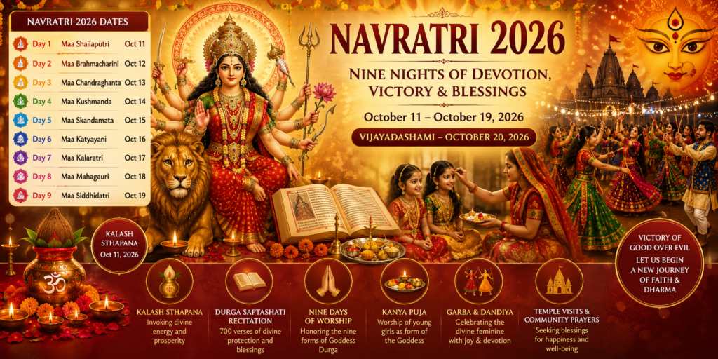 Goddess Durga with Navdurga forms during Navratri 2026 celebration with devotees, diyas, flowers and traditional decorations