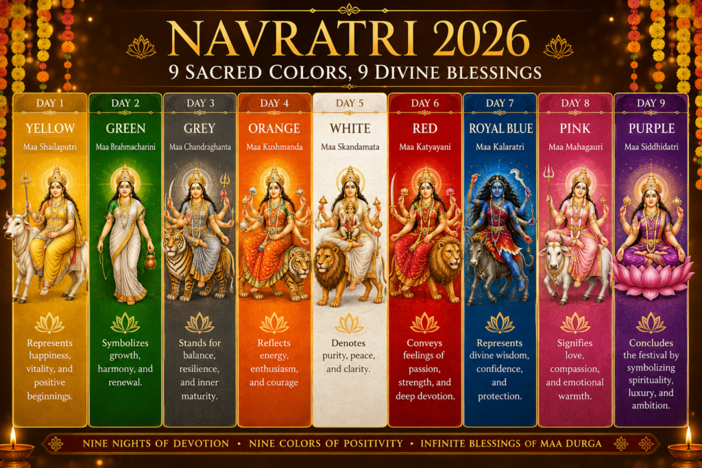 Goddess Durga with Navdurga forms during Navratri 2026 celebration with devotees, diyas, flowers and traditional decorations