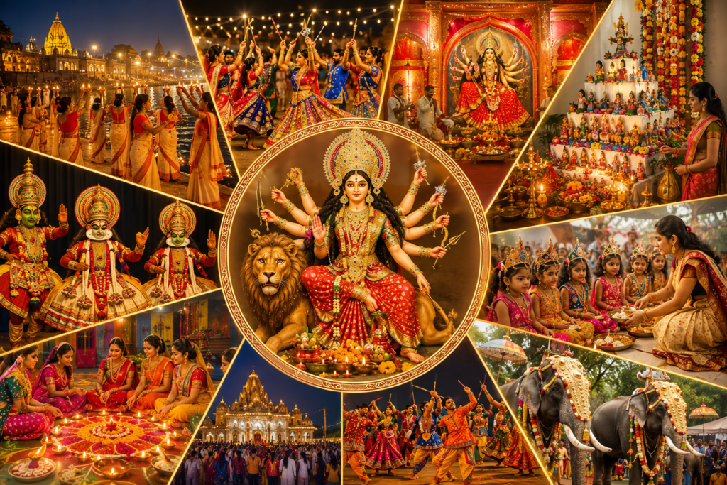 Goddess Durga with Navdurga forms during Navratri 2026 celebration with devotees, diyas, flowers and traditional decorations